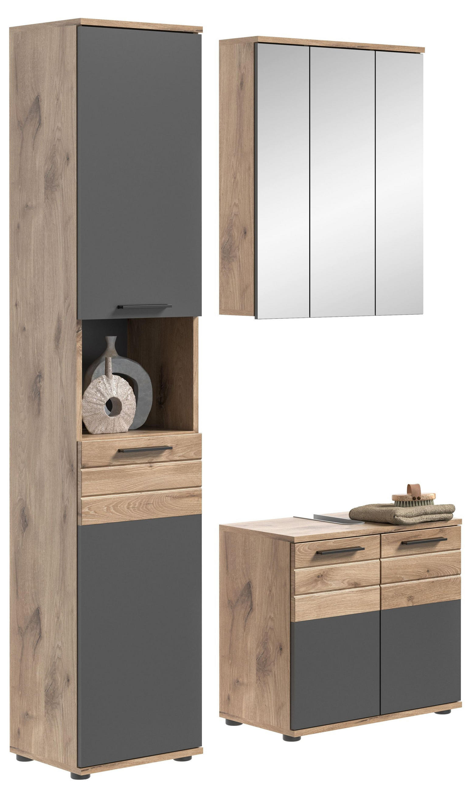 BAD-SET MASON 3-tlg. (B/H/T: ca. 112/190/34 cm) in Nox Oak Nachbildung/Basalt grau - Eichefarben, Holzwerkstoff (112/190/34cm)