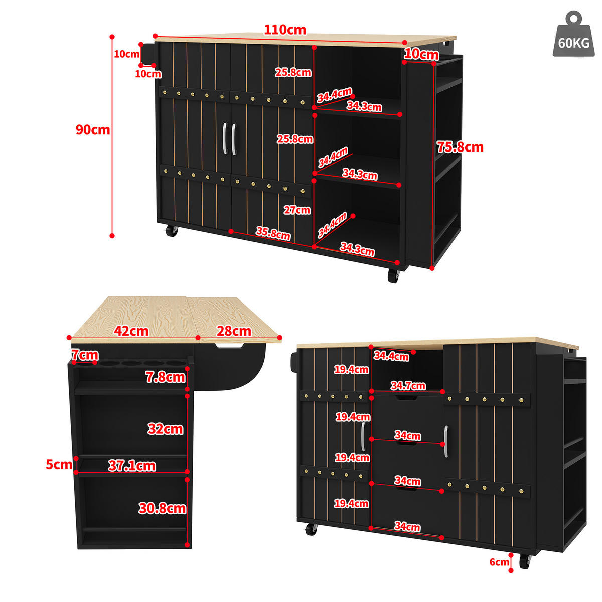 KÜCHENWAGEN 110x42x90cm aus MDF mit Klappplatte,3 Schubladen & 4 Rollen - Schwarz, Holzwerkstoff (110/90/42cm) - Modfu