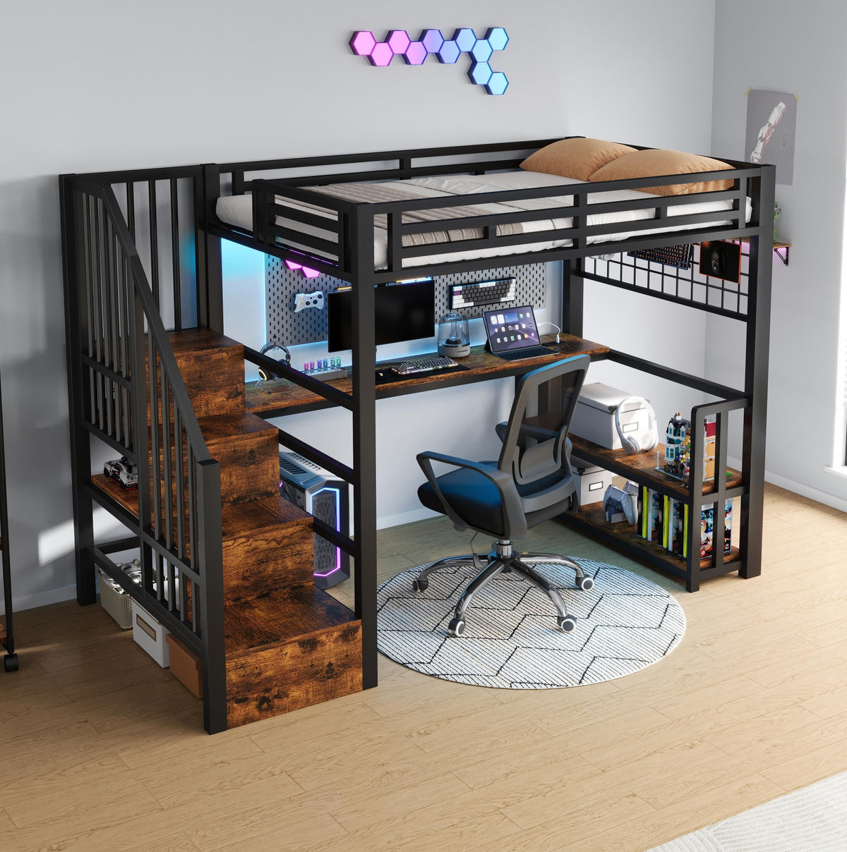 HOCHBETT 90/200 cm in Schwarz – mit Schreibtisch, Stauraumtreppe und LED - Schwarz, Metall (90/200cm) - BEAOK