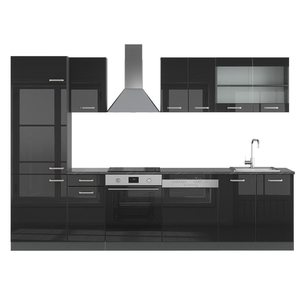KÜCHENZEILE R-Line Schwarz Hochglanz/Anthrazit 300 cm, AP Anthrazit - Schwarz Hochglanz/Anthrazit, Holzwerkstoff (300/81.6/60cm) - Vicco
