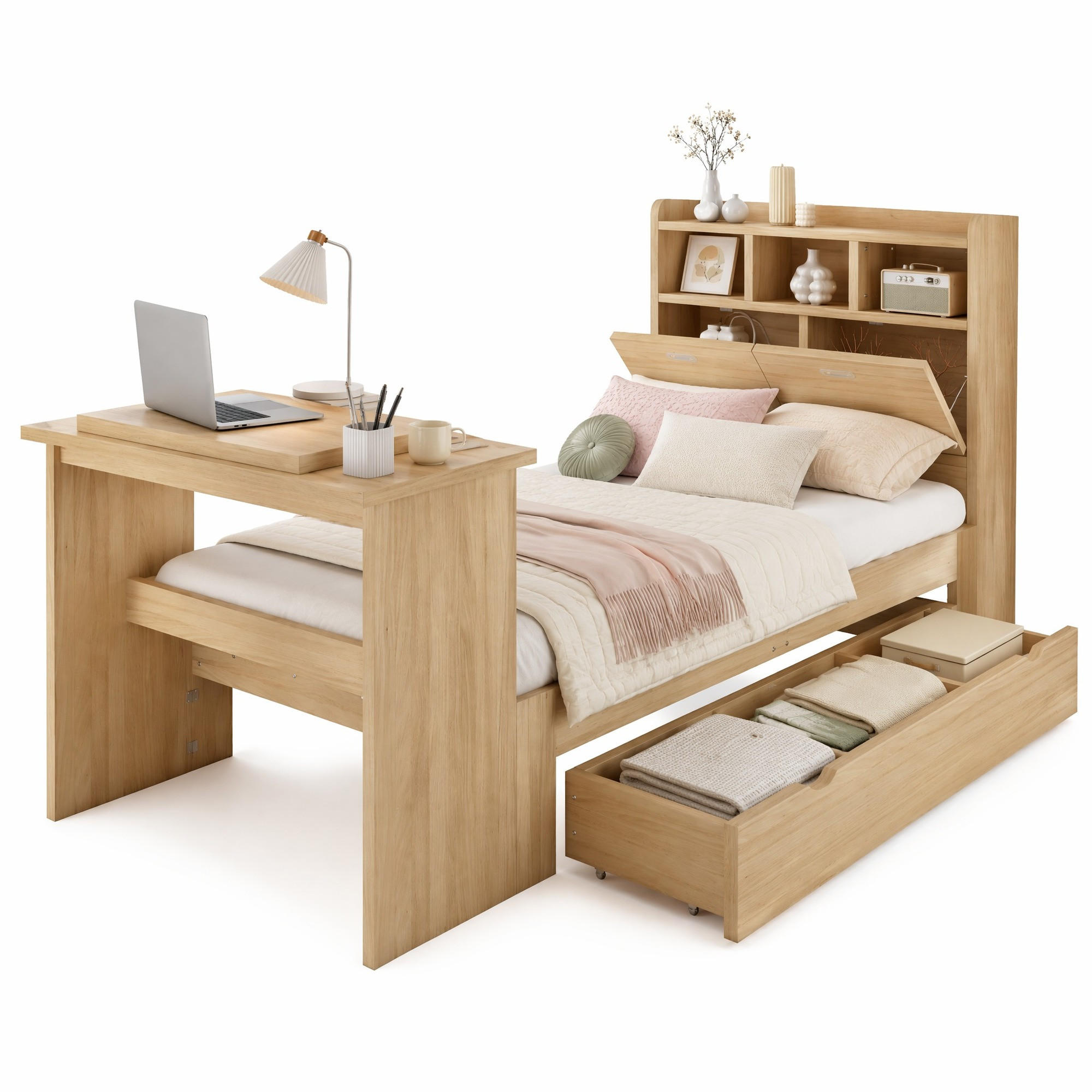BETT 90x200 cm in Naturholzoptik mit Stauraum und Klapptisch - Naturfarben, Holz (90/200cm) - Flora Grace