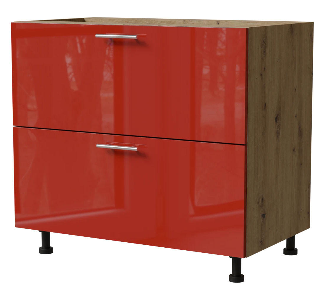 SCHUBLADENUNTERSCHRANK Brerra D2A/90/1A Korpus eiche artisan / Front RAL 3002 karminrot Hochglanz 90 / 50 / 82 cm - Rot/Eiche Artisan, Holz/Holzwerkstoff (90/82/50cm) - Feldmann-Wohnen