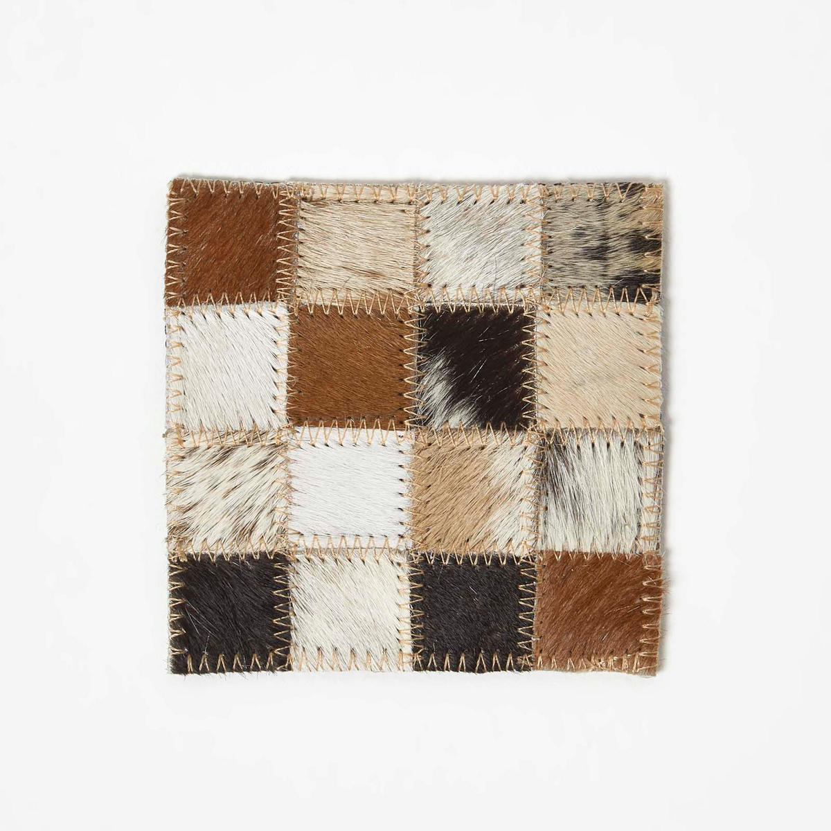 UNTERSETZER 4er-Set mit Patchwork-Karo, Fell & Leder, 10/10 cm - Multicolor, Leder (10/10cm) - Homescapes