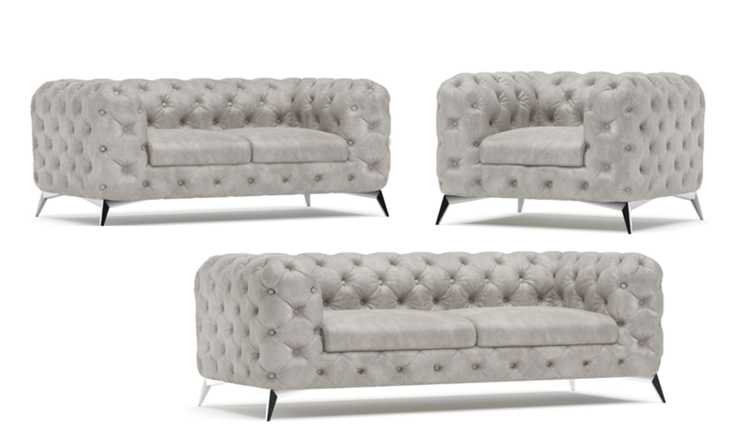 SITZGARNITUR 3+2+1 Chesterfield Quantum Grau Samt - Silberfarben/Grau, Holz/Textil (225/75/100cm) - S-Style Möbel