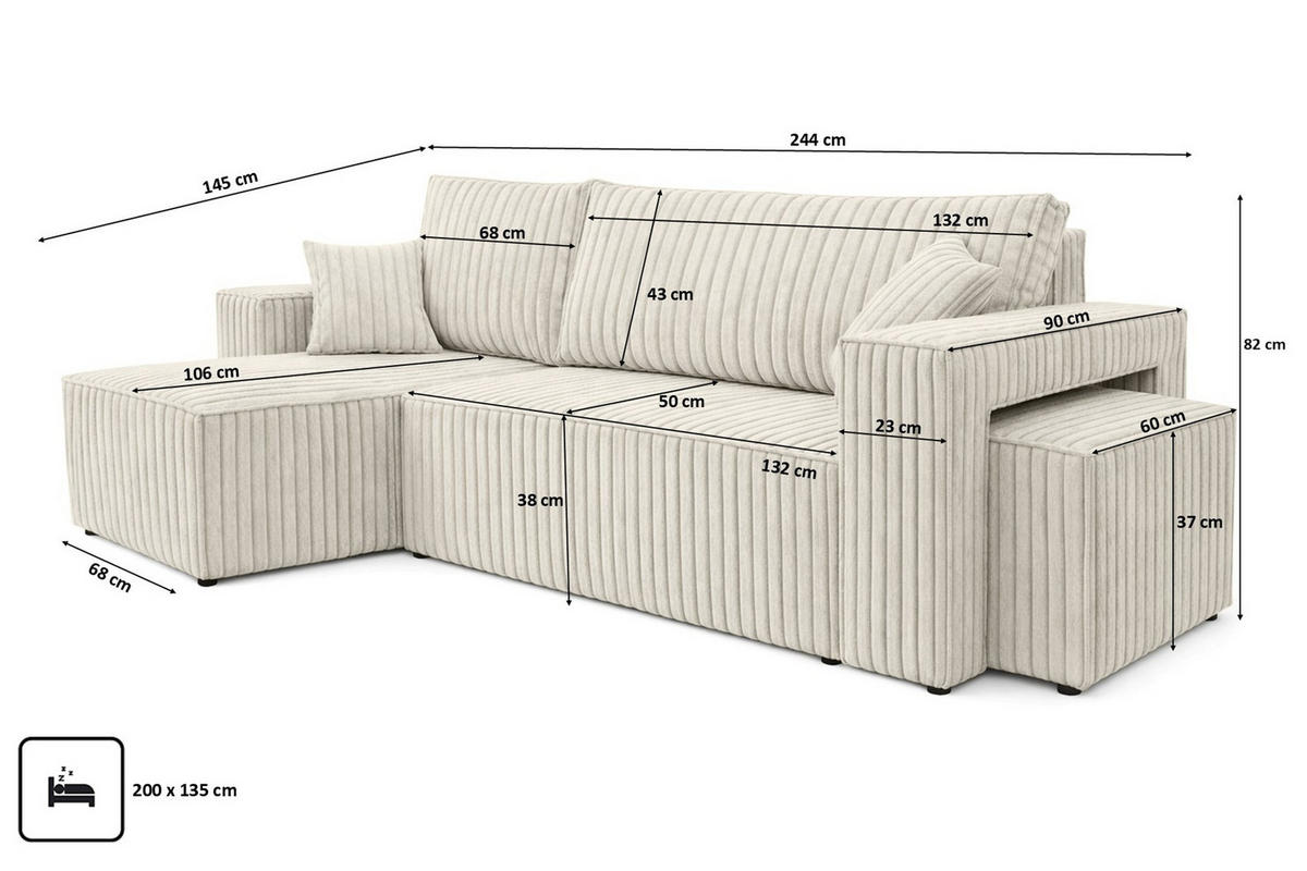ECKSOFA Mit Schlaffunktion Und Pouf, Cordstoff Tilia, Ecru, Links, Best L Mit Pouf - Ecru, Holz (244/145cm) - Kaiser Möbel