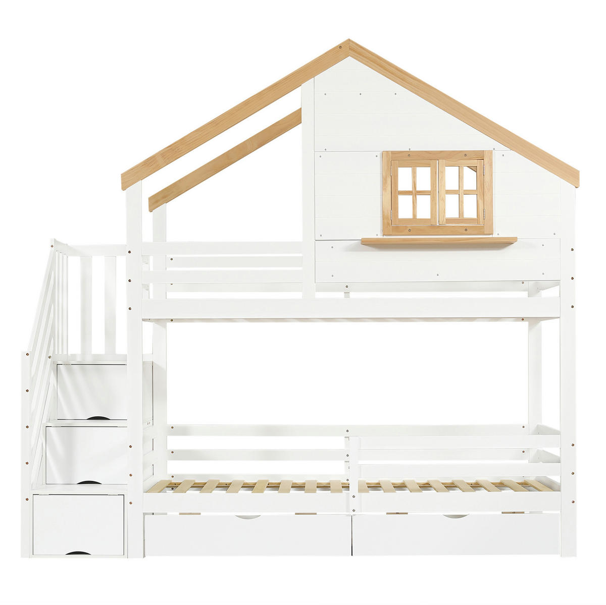 ETAGENBETT Weiß/Natur 90/200 cm mit Treppe und Stauraum - Weiß, Holz (90/200cm) - MIVRAY