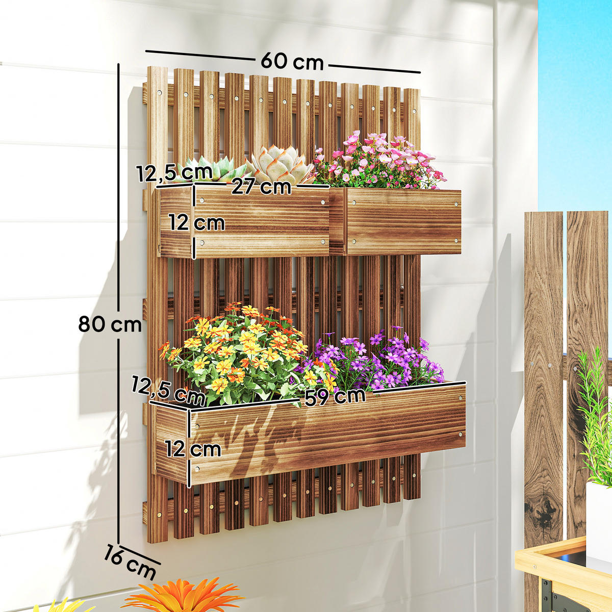 BLUMENKASTEN, Bewegliches Hochbeet, Pflanzkasten mit Spalier Massivholz Verkohlt - Braun, Holz (16/80/60cm) - Outsunny