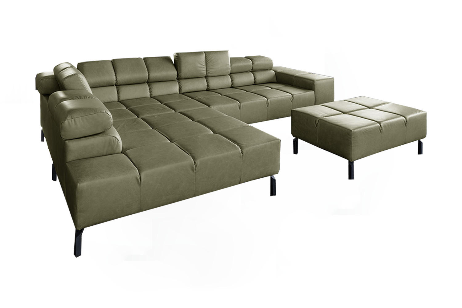 ECKSOFA NELSON Grün Leder Relaxfunktion - Schwarz/Olivgrün, Leder/Metall (321/216cm) - KAWOLA