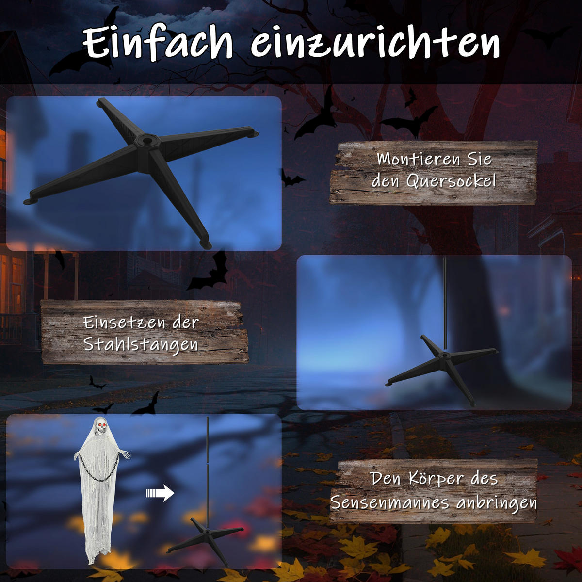 HALLOWEEN-DEKORATION Sensenmann 183 cm mit LED-Lichter, Soundfunktion - Grau, Textil (16/183/70cm) - Outsunny