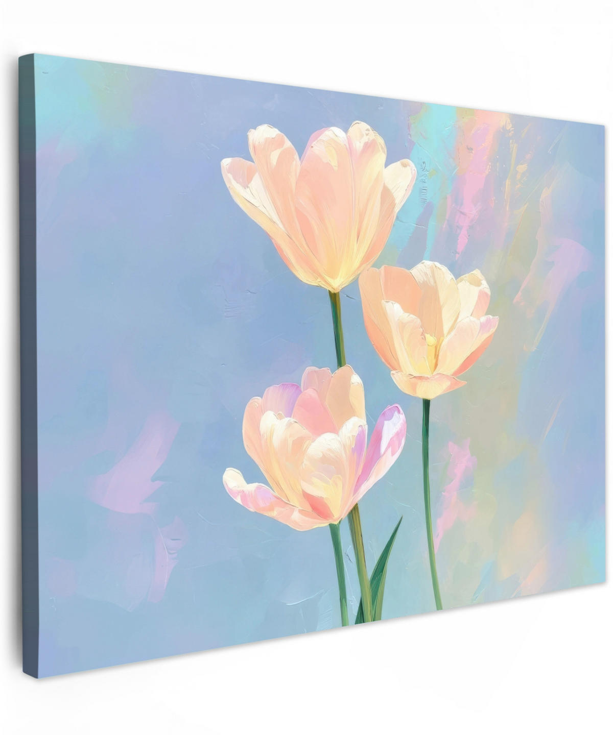 LEINWANDBILD Tulpen - Rosa Akzente - Blau Wandbilder 80x60 cm - Pastellblau, Textil (80/60cm) - MuchoWow
