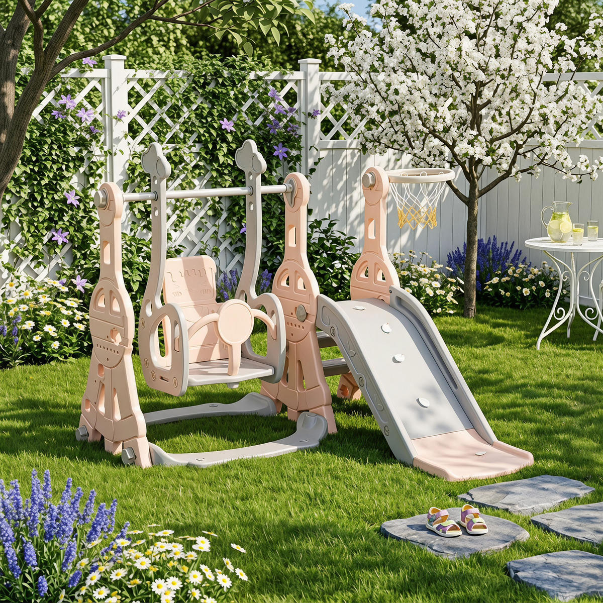 KINDERRUTSCHE 4 in 1 Indoor und Outdoor Babyrutsche mit Basketballkorb, Rosa - Rosa, Kunststoff (118/102/140cm) - GENKI LIVING