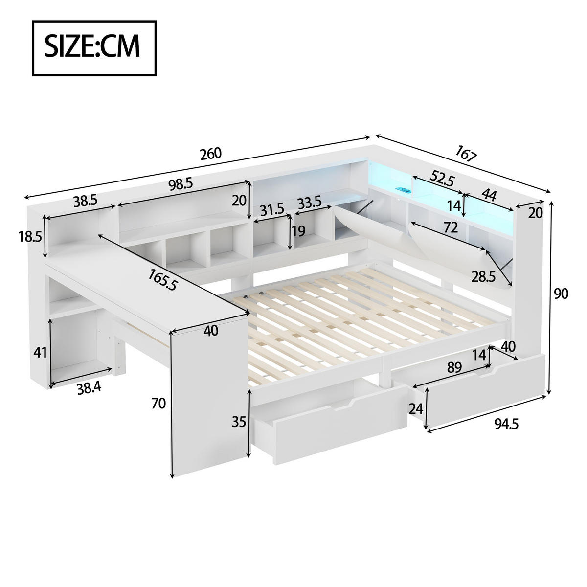 BETT 140/200 cm in Weiß mit Schubladen, LED und Schreibtisch - Weiß, Holzwerkstoff/Textil (140/200cm) - WISHDOR