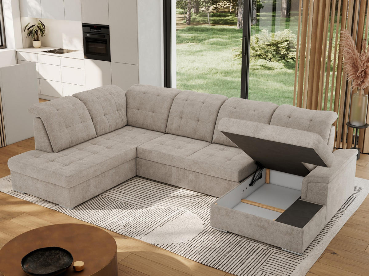 WOHNLANDSCHAFT MADRITO U - Beige Struktur - Links - Beige/Silberfarben, Textil/Metall (204/89/323cm) - MKS