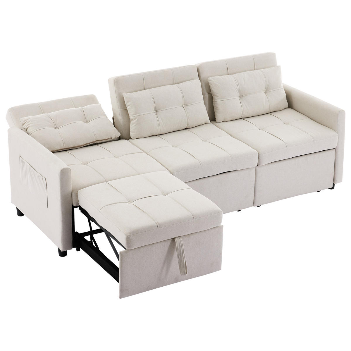 ECKSCHLAFSOFA 3-Sitzer Stoff mit verstellbarer Rückenlehne bis 180 Grad Beige 200/87/84,5 cm - Beige, Textil (87/200cm) - Redom