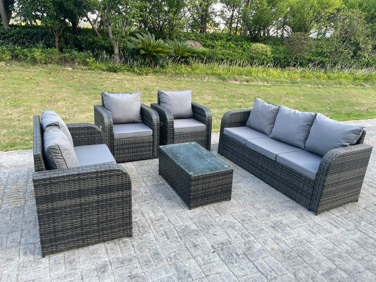 GARTENMÖBEL SET MIT LIEGESTUHL 3 SITZER SOFA Polyrattan Outdoor 7-Sitzer - Dunkelgrau/Grau, Glas/Kunststoff - Fimous