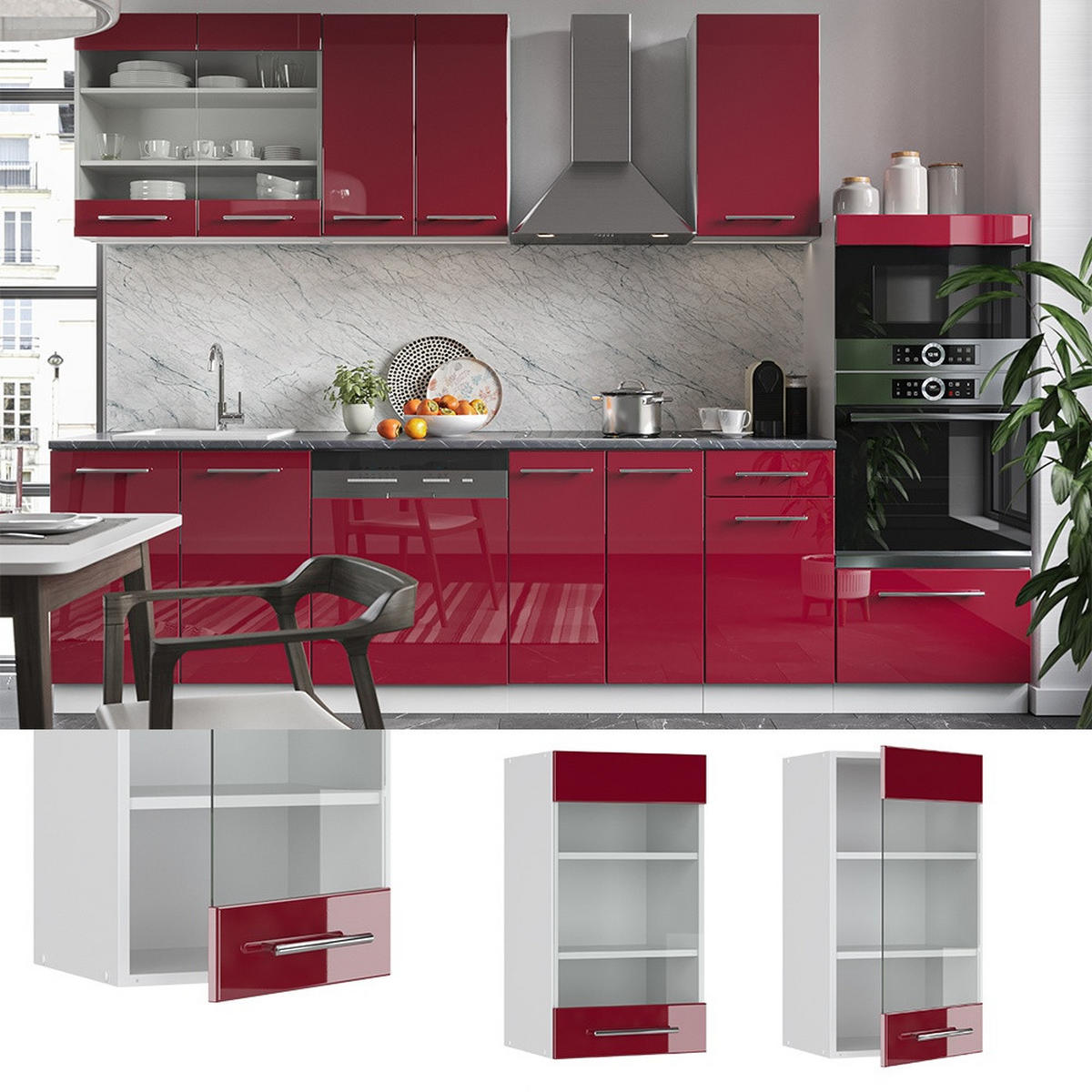 STEKLENA KUHINJSKA OMARICA Fame-Line Bordo rdeča barva visokega sijaja 40 cm - bela/bordo, leseni material (40/72/34.1cm) - Vicco