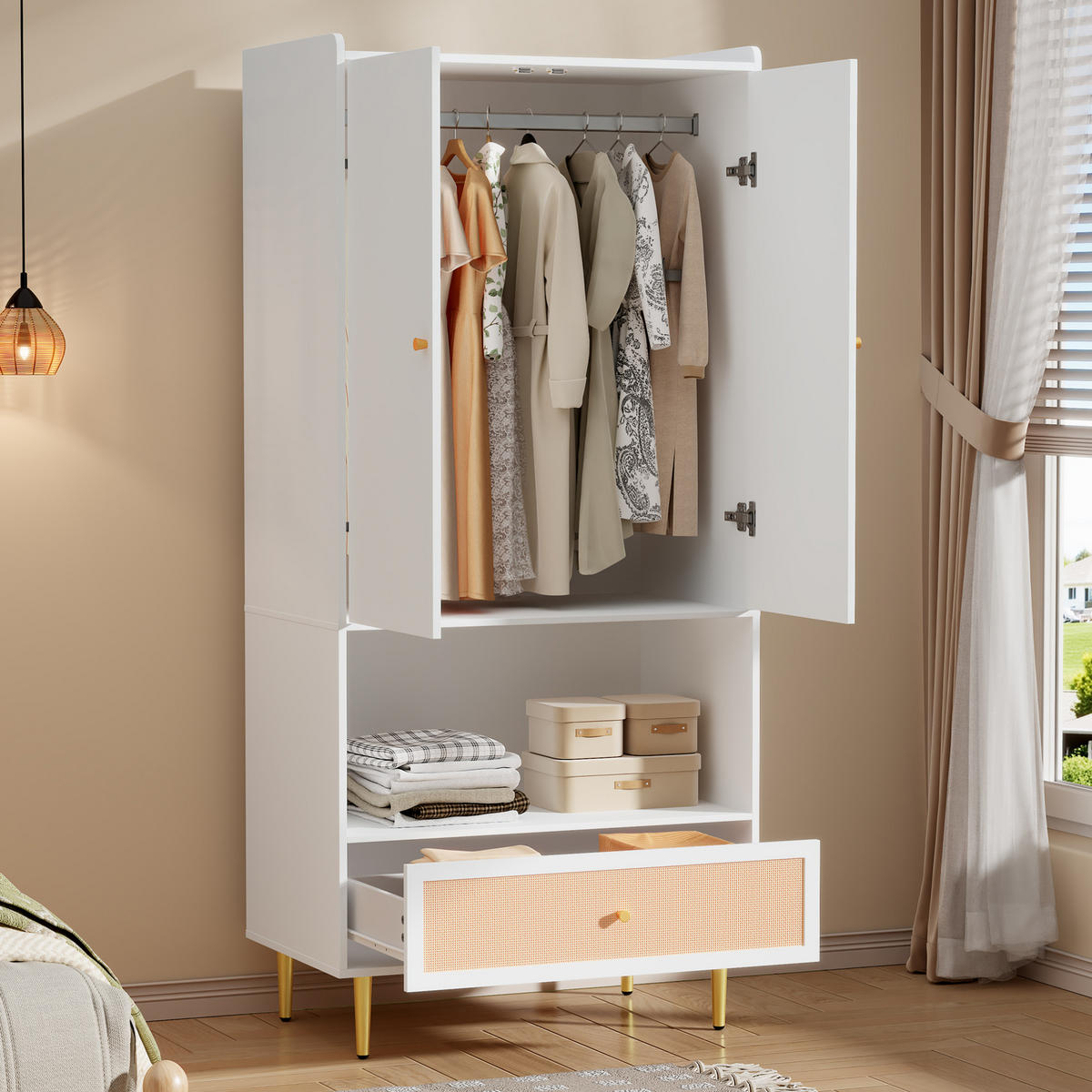 KLEIDERSCHRANK 80/175/48 cm Weiß/Natur aus Spanplatte mit PE-Rattan-Front - Weiß, Holzwerkstoff (48/175/80cm) - OKMYHOME