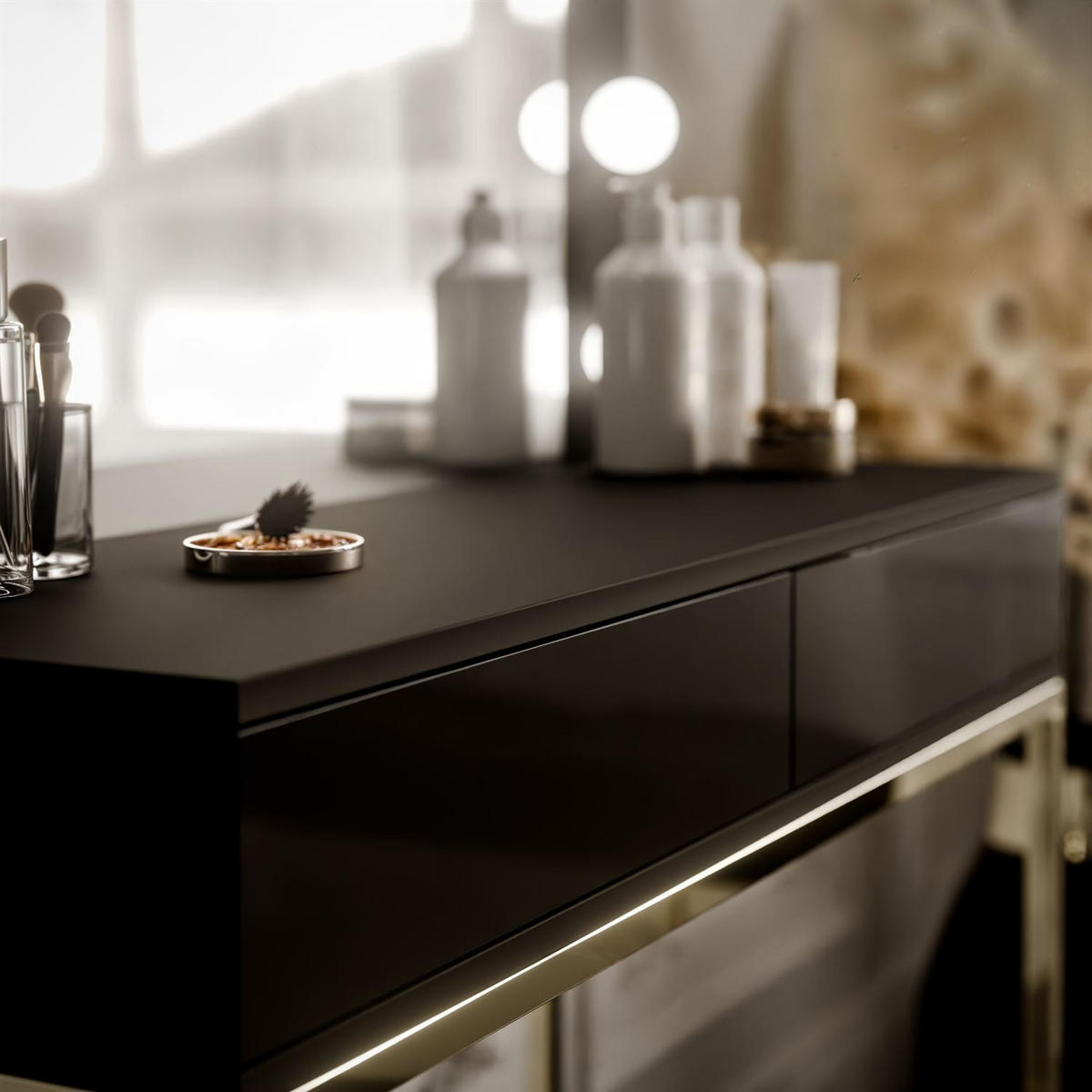 SCHMINKTISCH BLANCO mit Spiegel und Beleuchtung Gold Chrom Schwarz Hochglanz PUSH OPEN - Schwarz Hochglanz/Goldfarben, Holzwerkstoff (100/146/42cm) - Lookway