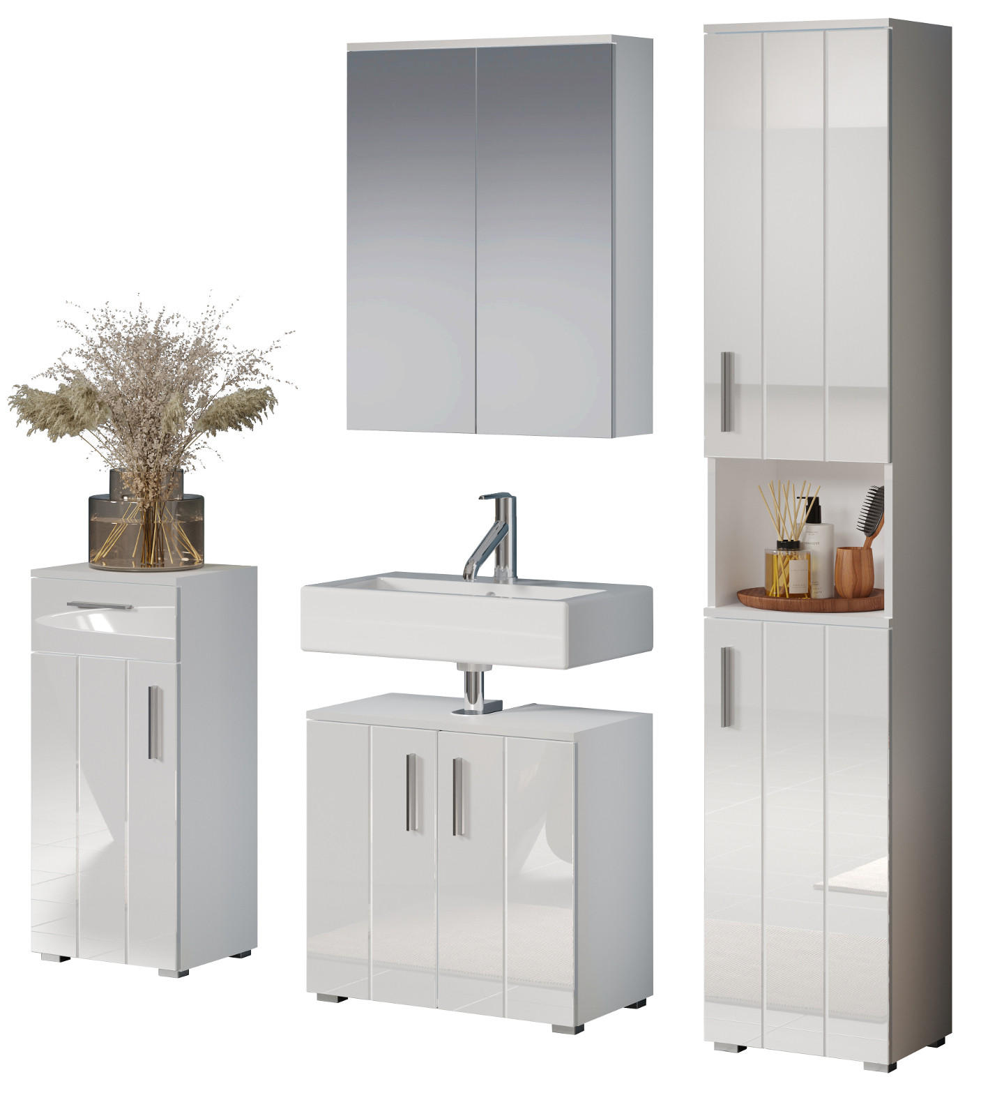 BADMÖBEL-SET weiß Hochglanz 4-teilig 164 x 192 cm, moderne Badezimmer-Schränke - Weiß Hochglanz/Silberfarben, Holzwerkstoff/Kunststoff (164/192/32cm) - Top.Furn