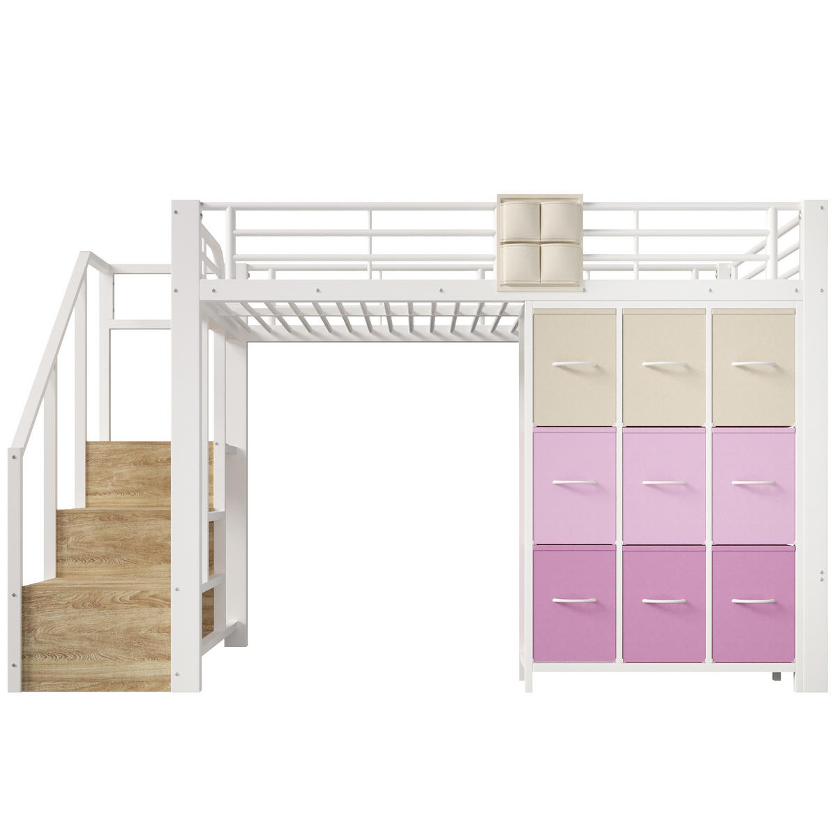HOCHBETT 140/200 cm aus Metall und MDF mit Schubladen, Kleiderstange und Stauraumtreppe, Weiß - Weiß, Holzwerkstoff (140/200cm) - Redom