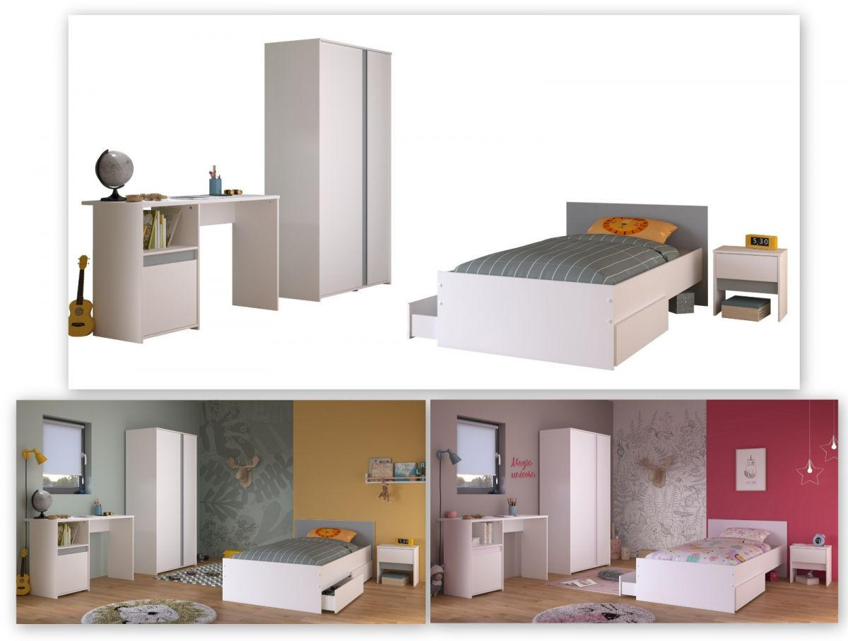 KINDERZIMMER weiß, grau oder rosa, Komplett-Set 4-teilig mit Kleiderschrank, Schreibtisch, Bett 90x200 - Weiß, Holzwerkstoff (100/182/203cm) - Parisot Meuble