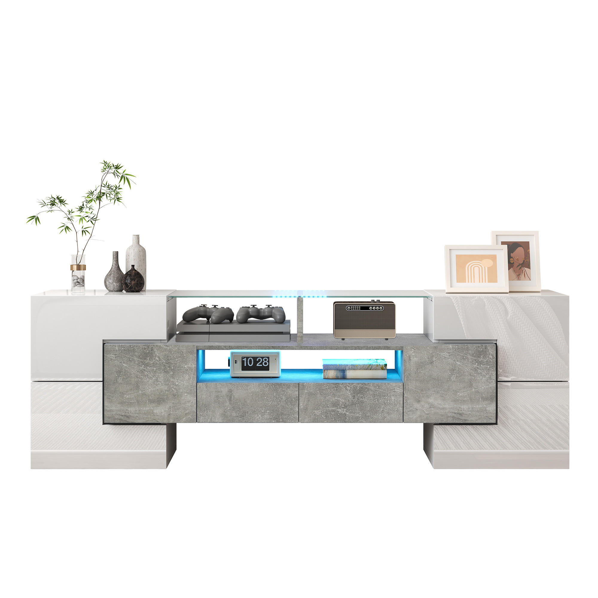 TV-SCHRANK in Hochglanz Weiß/Beton mit LED, 6 Türen und 2 Schubladen 145/30/51 cm - Weiß, Holzwerkstoff (145/51/30cm) - Redom