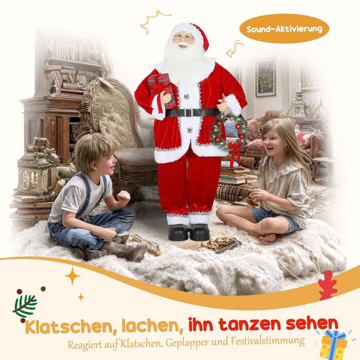 WEIHNACHTSMANN, Weihnachts-Dekoration, mit Geschenk & Weihnachtskranz, Rot - Rot, Textil (25/120/50cm) - HOMCOM