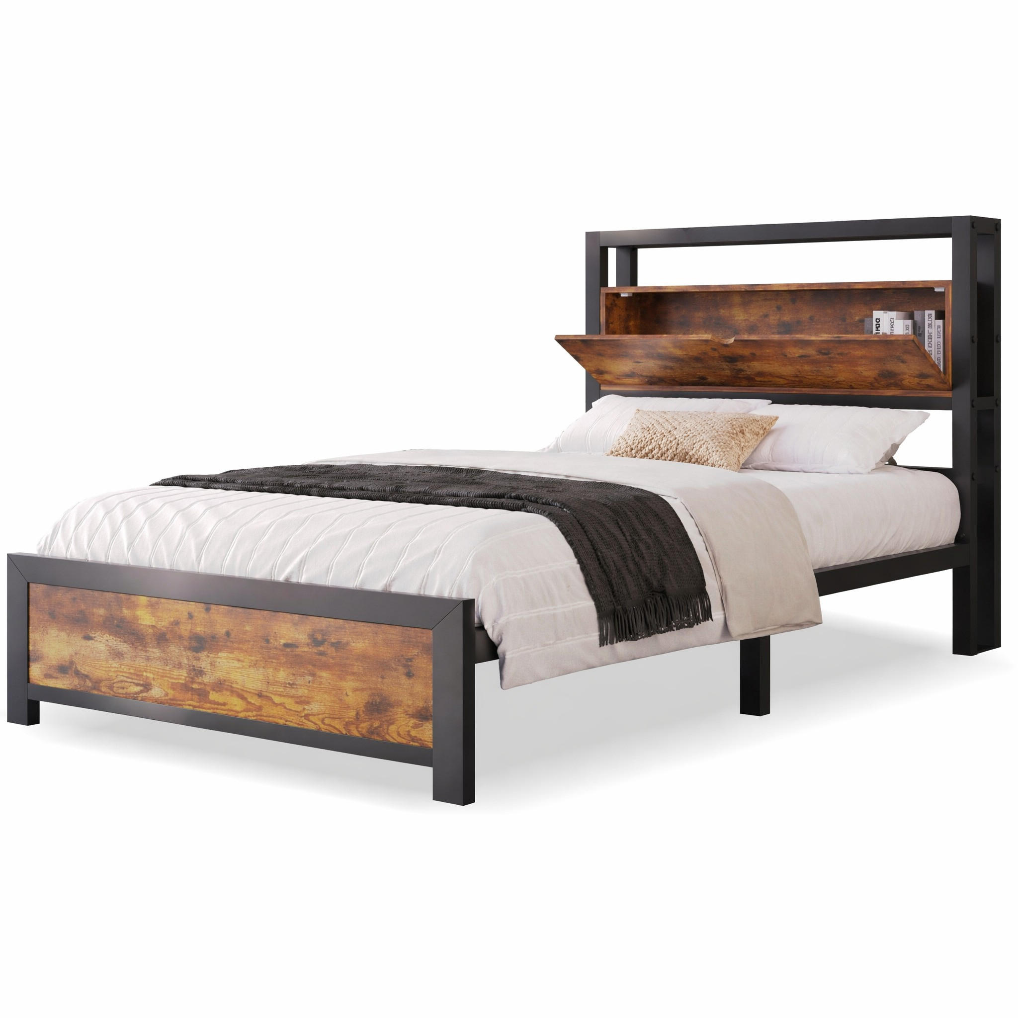 METALLBETT 90/200 cm in Natur mit Stauraum-Kopfteil und Metalllattenrost Industrial Design - Schwarz, Holzwerkstoff/Metall (90/200cm) - STILVORA