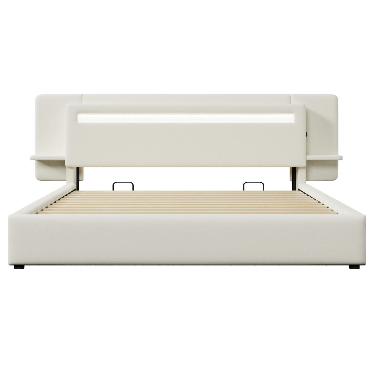 POLSTERBETT aus MDF und Leinen 180x200 cm Beige mit Bettkasten, LED-Beleuchtung, Nachttisch und USB-Anschluss - Beige, Textil (180/200cm) - Modfu