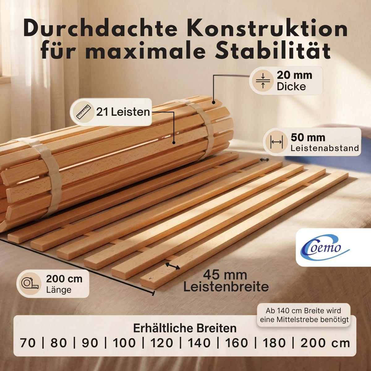 ROLLROST Lattenrost 160 x 200 cm - Naturfarben, Holz (160/200cm) - Coemo