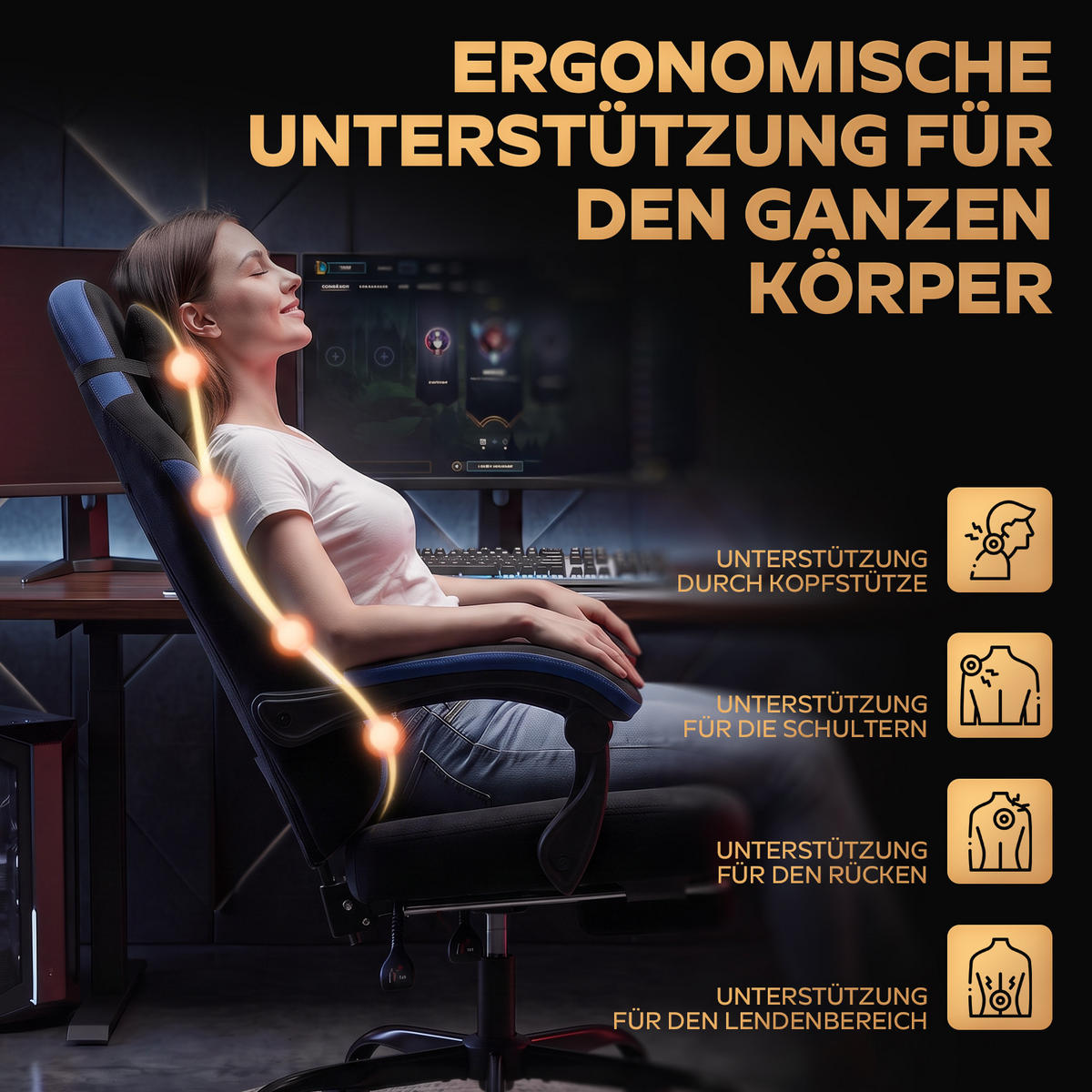 GAMINGSTUHL DE-40995 mit Nackenkissen und Rückenkissen Schwarz/Blau - Blau, Metall (58.5/120.5/63cm) - ComfortXL