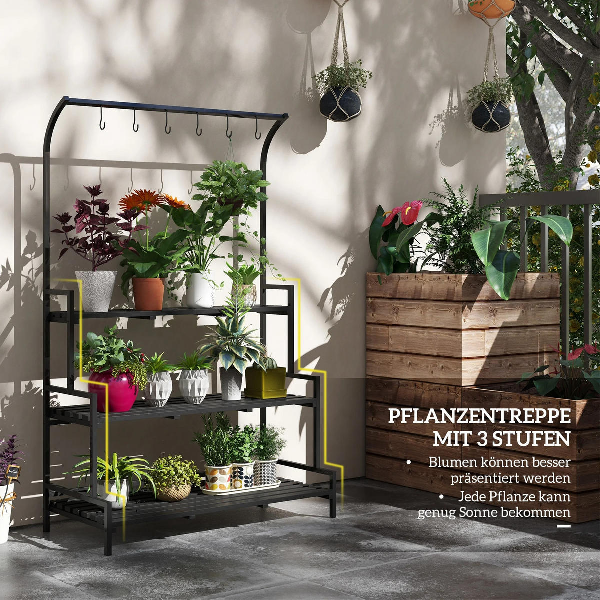 PFLANZENREGAL 3-stufiger, mit 6 Aufhängehaken - Schwarz, Metall (110/170/50cm) - Kaket
