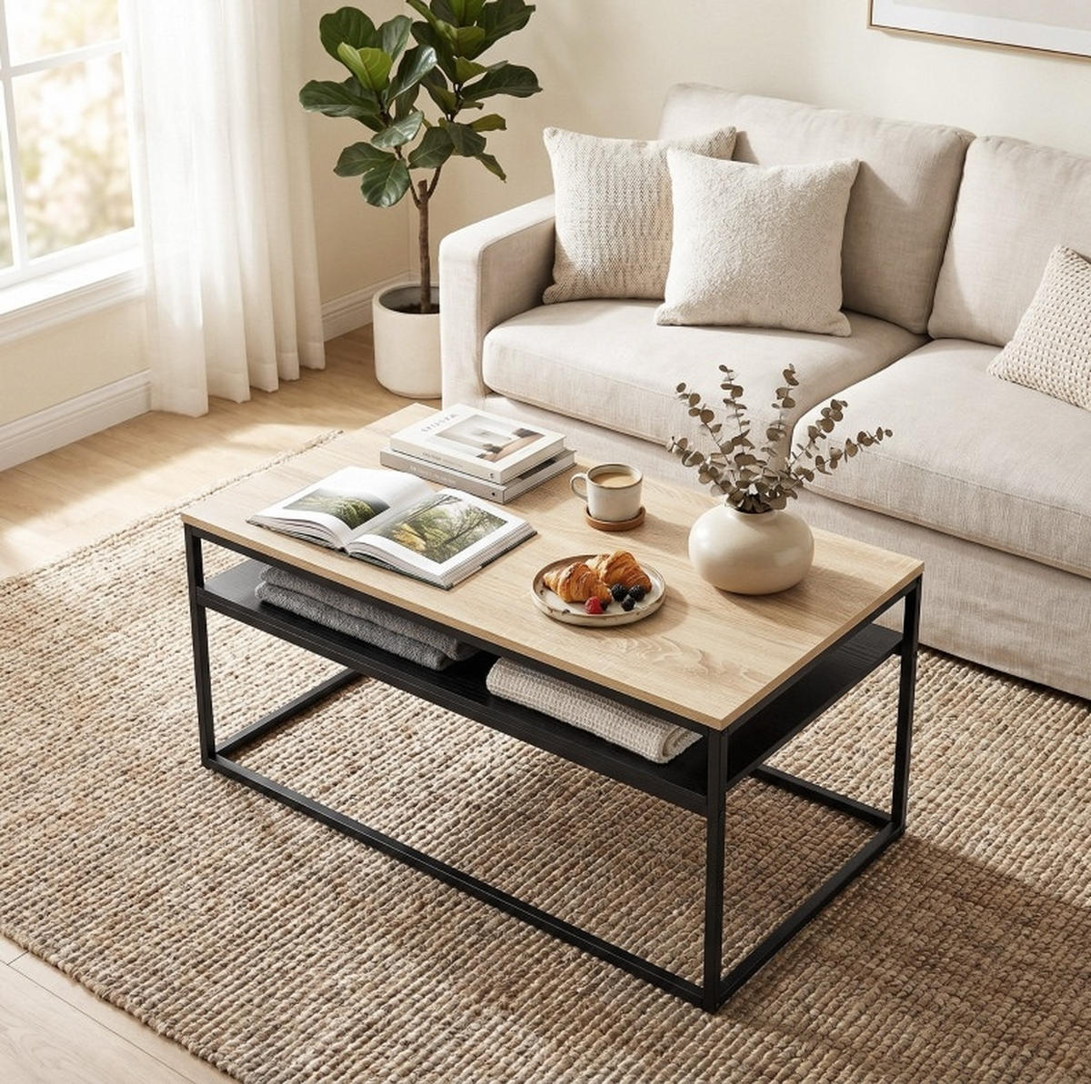 COUCHTISCH aus Spanplatte und Metall 100x59,8x47 cm Eiche/Schwarz mit Ablage - Eichefarben, Holz (100/59.8/47cm) - IVMEU