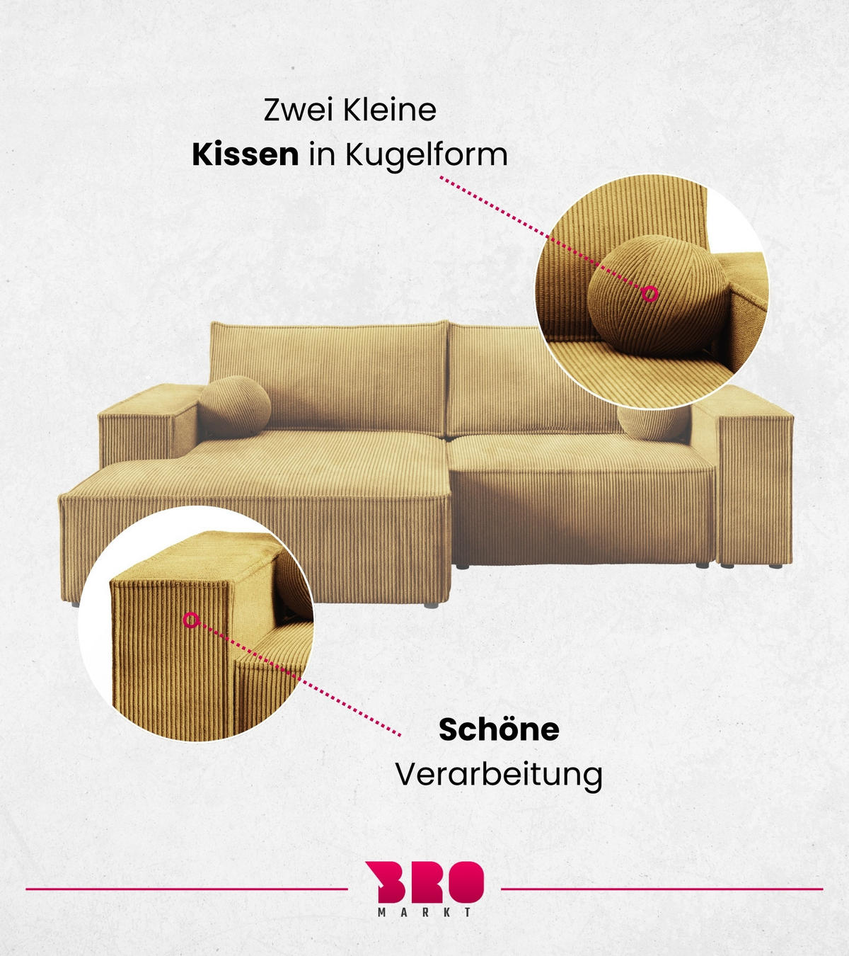 ECKSOFA Pablo Mini mit Schlaffunktion Gelb Cord - Gelb, Textil (255/148cm) - Bromarkt