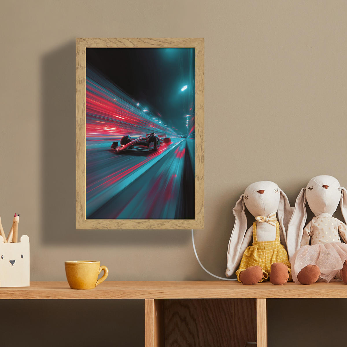 NÁSTĚNNÁ LAMPA Závodní auto - Červená - Rychlost 20x30 cm - tyrkysová, kompozitní dřevo (20/30/8cm) - OnlyWow