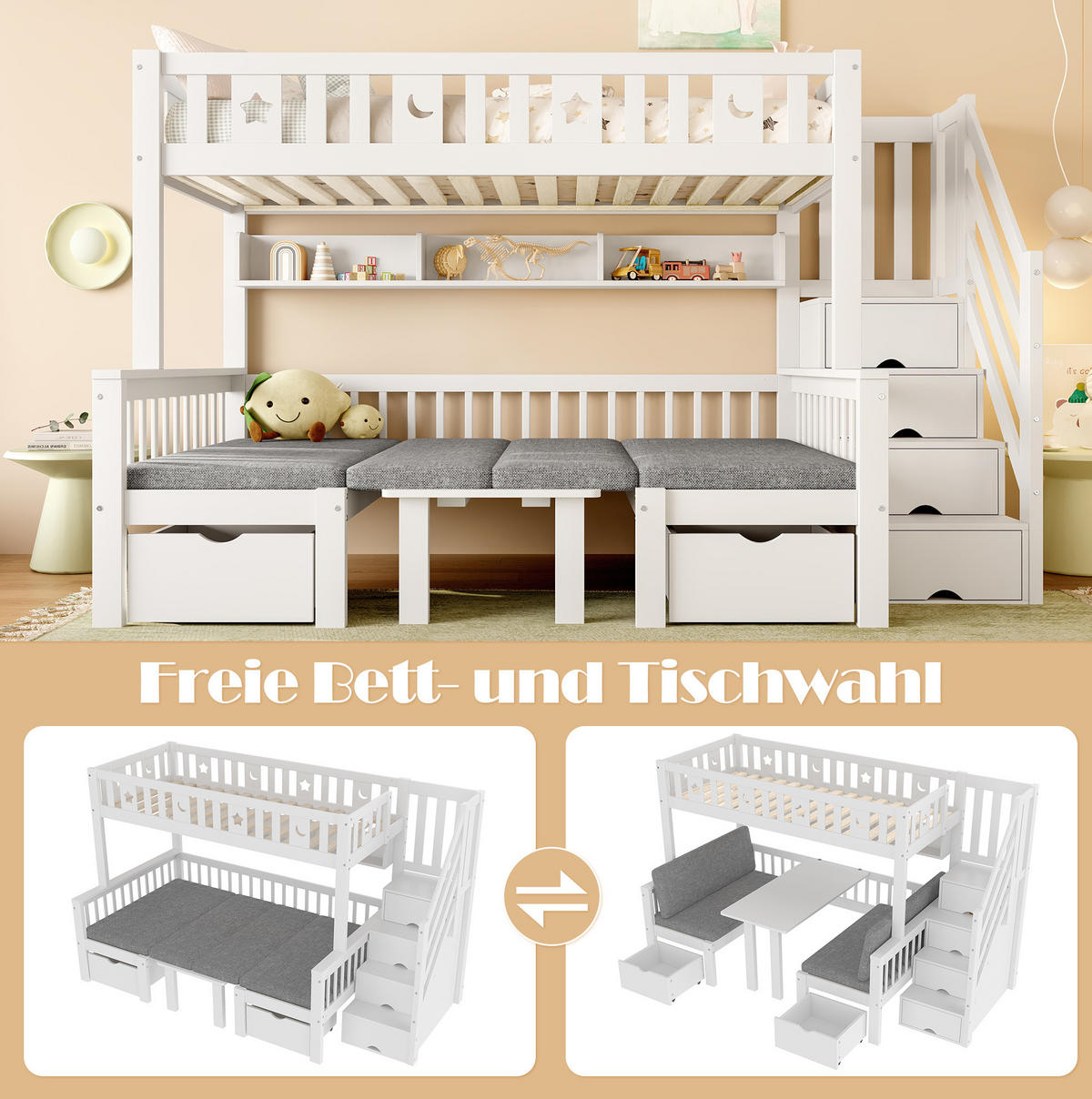 HOCHBETT 90/200 cm Weiß aus Kiefernholz mit Schreibtisch und Stauraumleiter - Weiß, Holz (90/200cm) - OKMYHOME