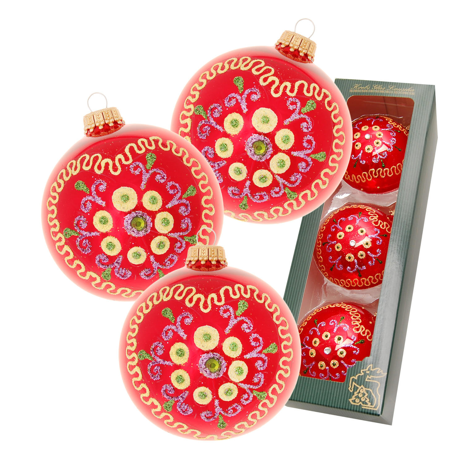 CHRISTBAUMKUGELN Blütenherz Rot 8cm (Glas / 3 Stk.) - Rot, Glas (7/8/7cm) - Krebs Glas Lauscha