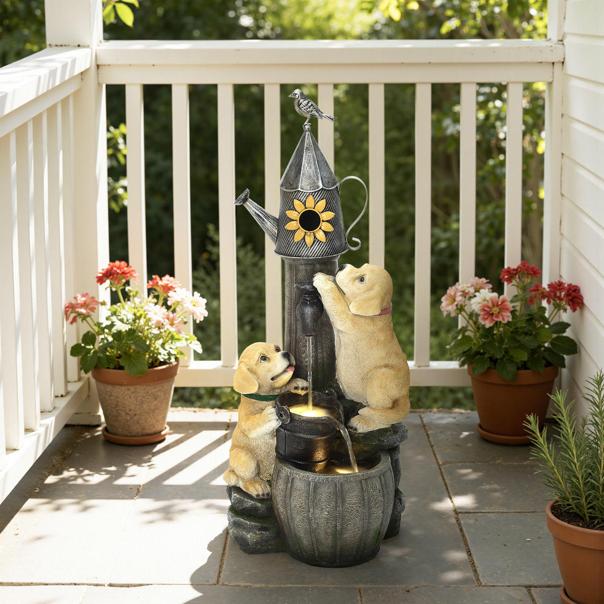 POLYRESIN-GARTENBRUNNEN,2 Hündchen+Vogelhaus,90x38x34cm,Garten/Balkon/Terrasse - Grau, Kunststoff (34/38/90cm)