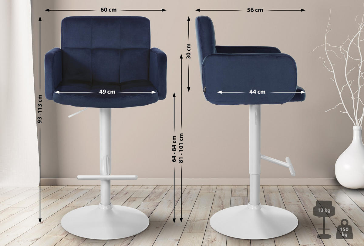 BARHOCKER Samt blau - Blau/Weiß, Textil/Metall (60/93/56cm) - CLP
