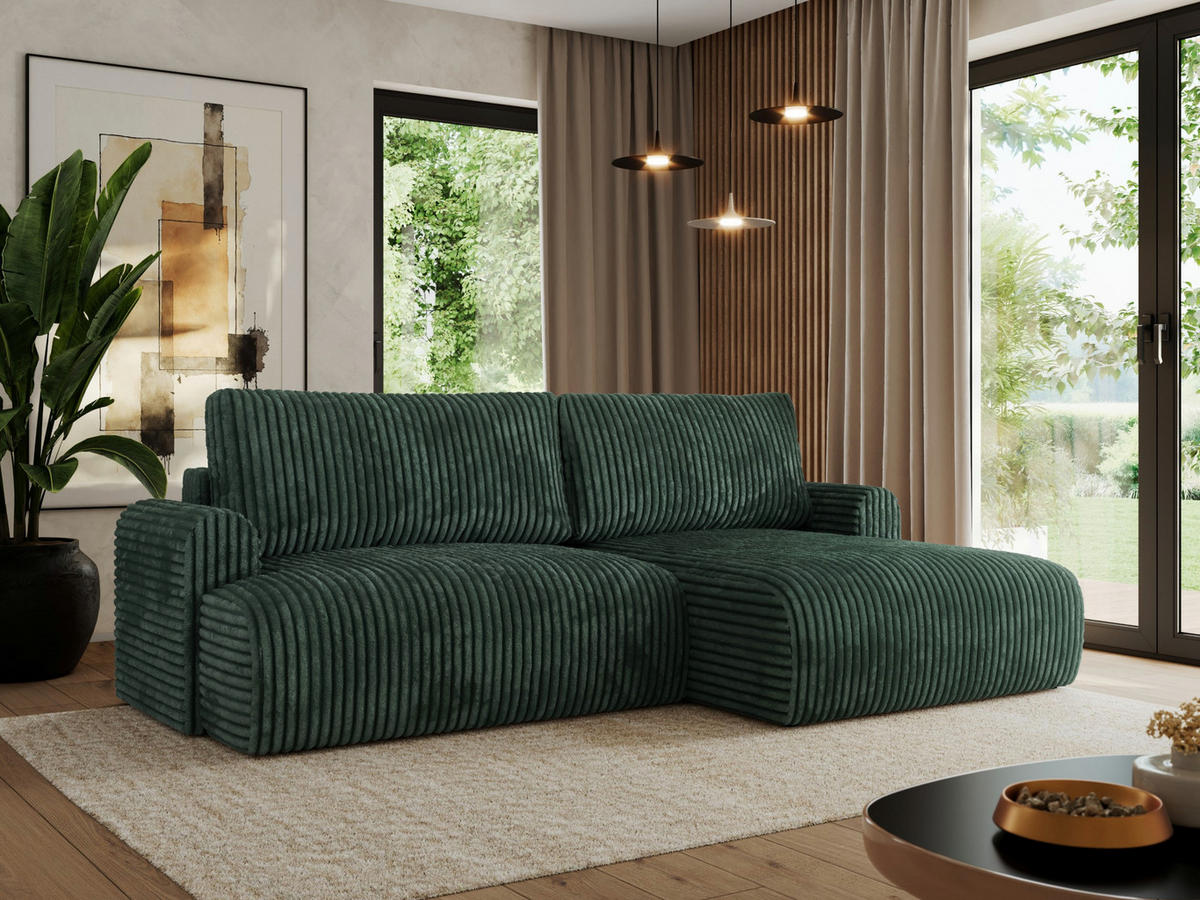 ECKSCHLAFSOFA TONO L Grün Cord - rechts - Schwarz/Grün, Kunststoff/Textil (150/260cm) - MKS