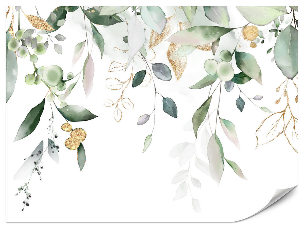 FOTOTAPETE für Schlafzimmer Aquarell Blätter Eukalyptus Weiß 150x105 - Gelb/Weiß, Papier (150/105cm) - Muralo