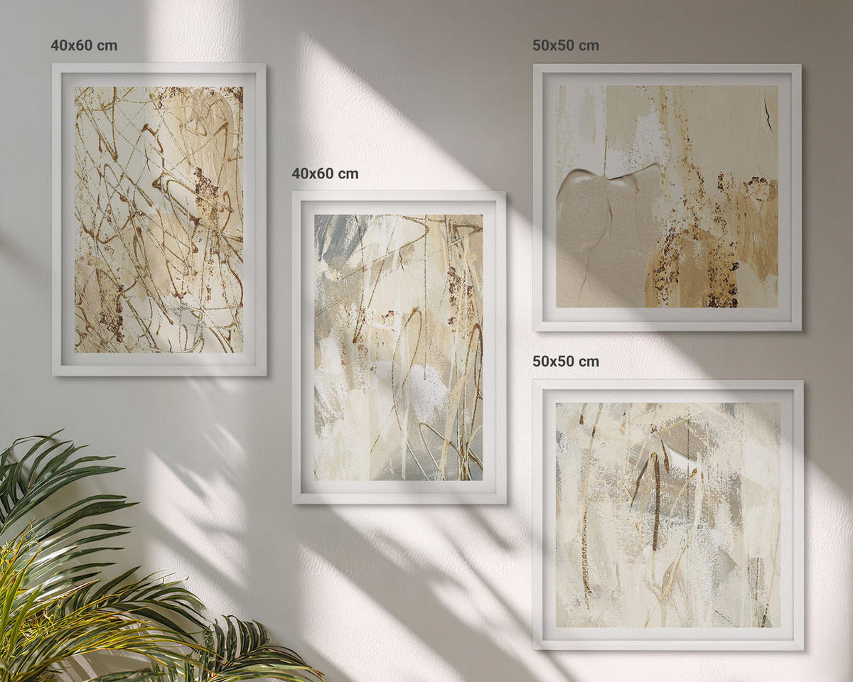 BILDER SET 4er Set - 50x50 cm & 40x60 cm Weißer Rahmen - Beige abstrakte Formen Linien - Weiß, Kunststoff (50/50cm) - TULUP