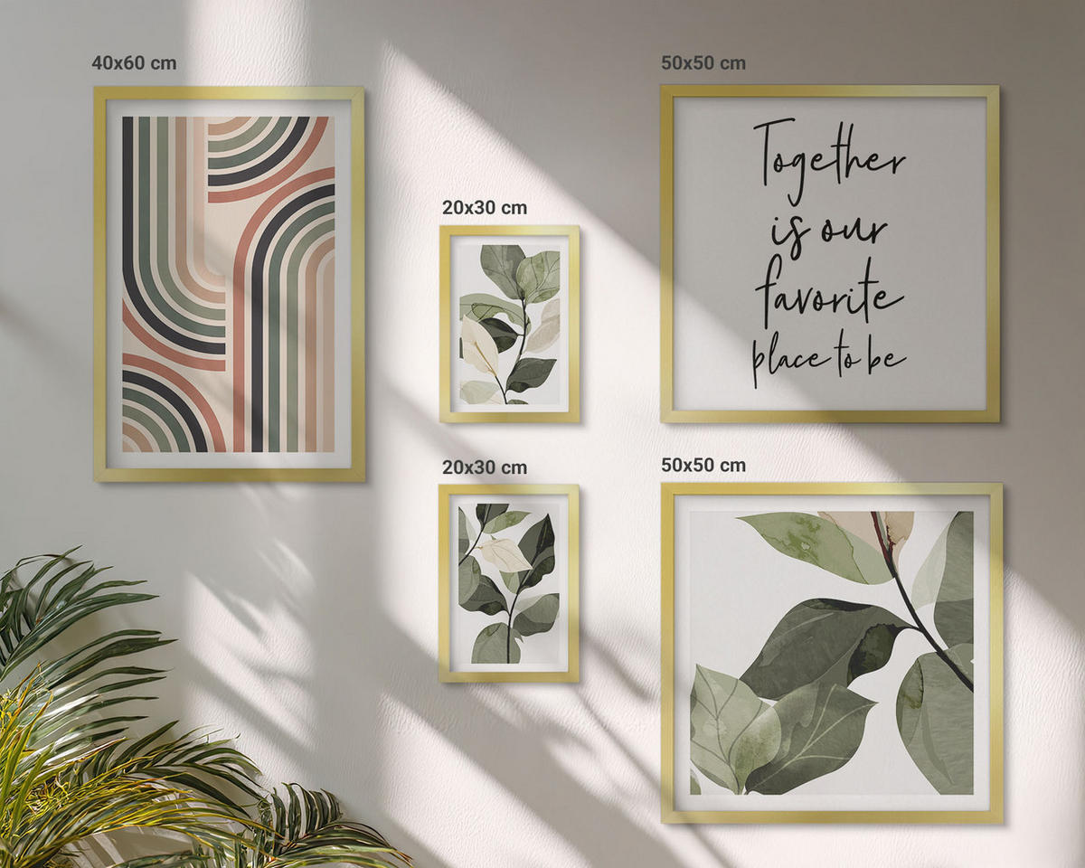 BILDER SET 5er Set - 50x50 cm & 20x30 cm & 40x60 cm Goldrahmen - Geometrische Pflanzenmotive - Goldfarben, Kunststoff (40/60cm) - TULUP