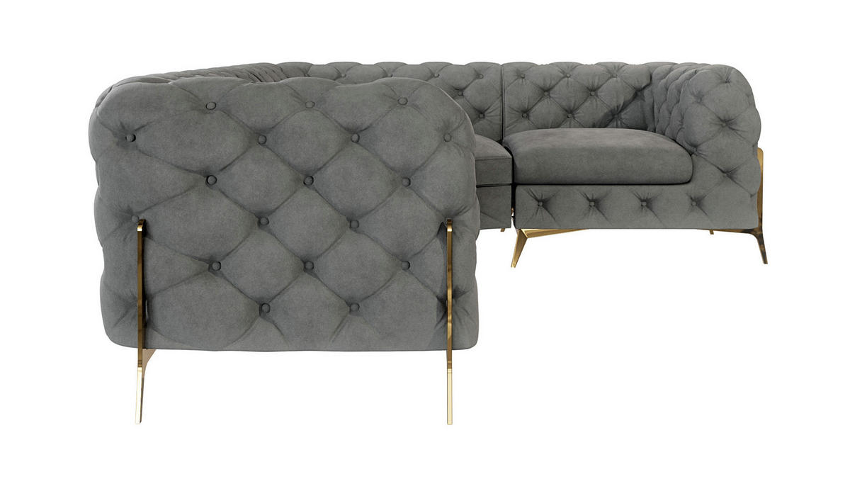 ECKSOFA Chesterfield Lexi Grau Samt, Ottomane rechts - Goldfarben/Grau, Holz/Textil (264/204cm) - S-Style Möbel
