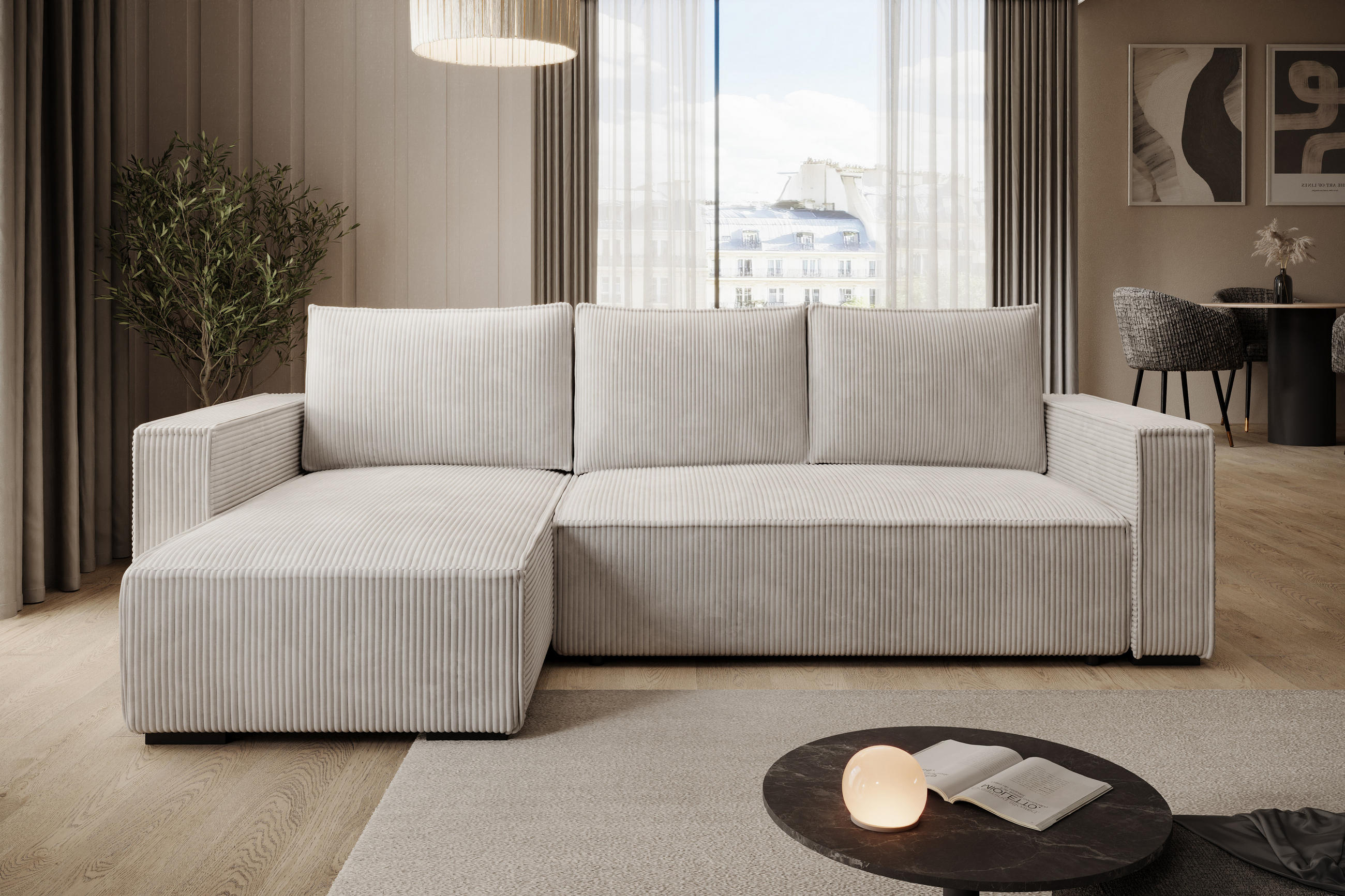 ECKSOFA CUDDY L, Eckcouch in L-Form mit Schlaffunktion und Bettkasten, Farbe: Hellgrau, Cordstoff, Ottomane Links - Hellgrau, Textil (240/140cm) - Storez24