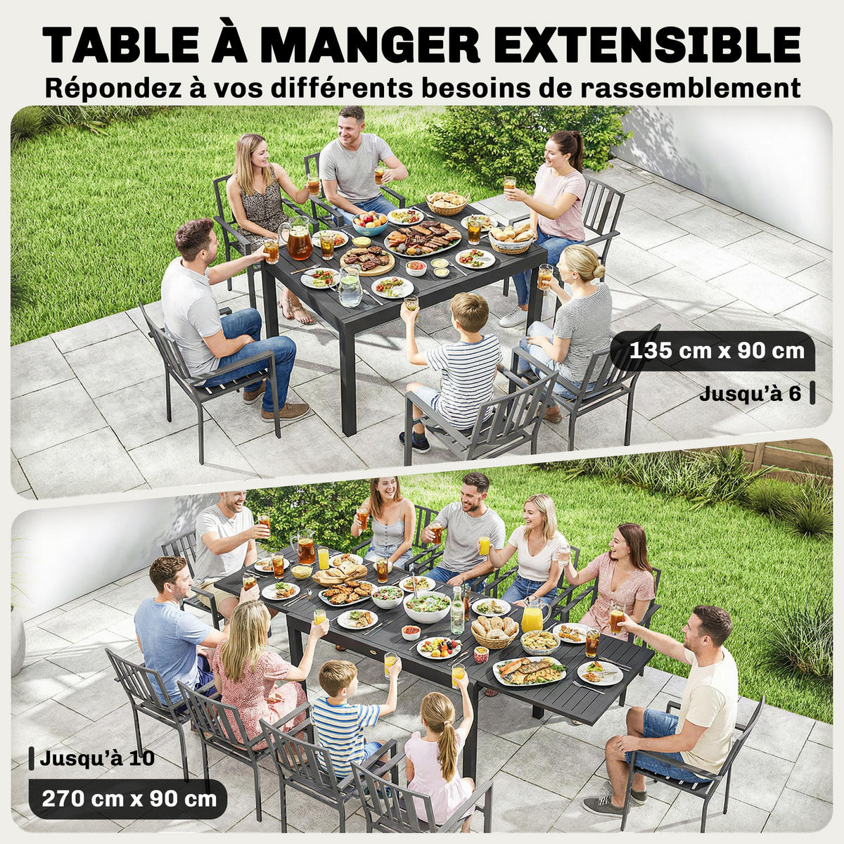 GARTENTISCH DE-14225 135-270 cm für 6-10 Personen Grau - Dunkelgrau, Metall (270/90/75cm) - ComfortXL