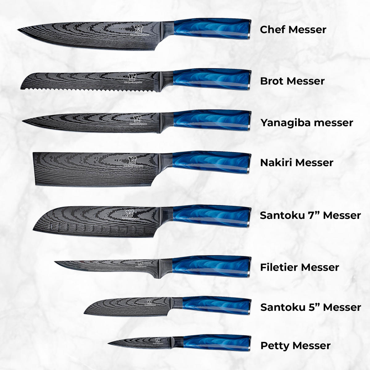 MESSER-SET 8-tlg. mit Edelstahlklingen und ergonomischen Epoxidharz-Griffen - Blau, Holz/Metall - Küchenkompane