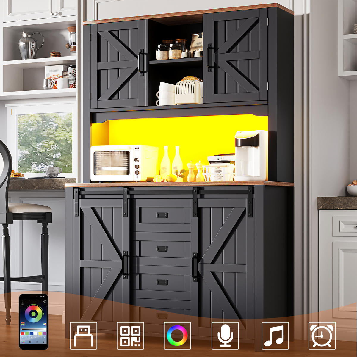 KÜCHENBUFFET mit LED-Beleuchtung und verstellbaren Einlegeböden, 115 x 40 x 174,7 cm, Schwarz, MDF und Metall - Schwarz, Holzwerkstoff (115/174.7/40cm) - SONNENH