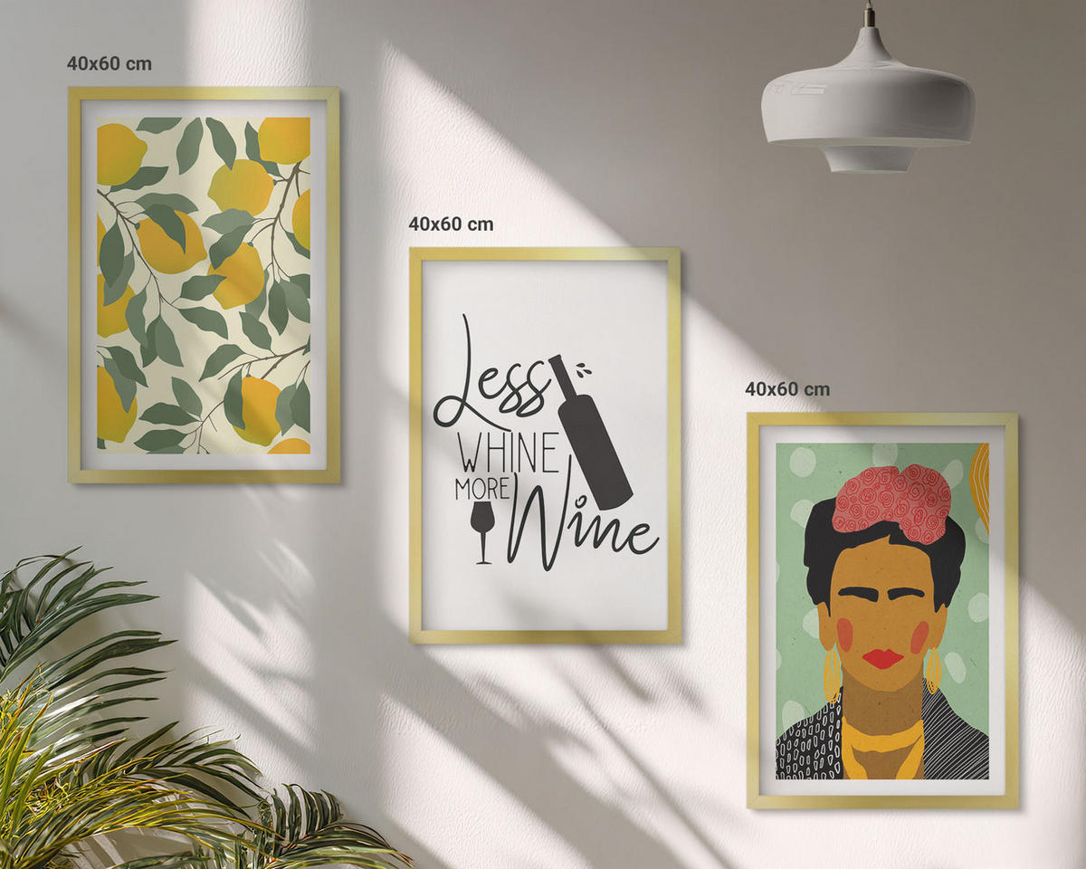 WANDBILDER 3er Set - 40x60 cm Goldrahmen - Zitronenweinporträt von Frida - Goldfarben, Kunststoff (40/60cm) - ArtPrintCave