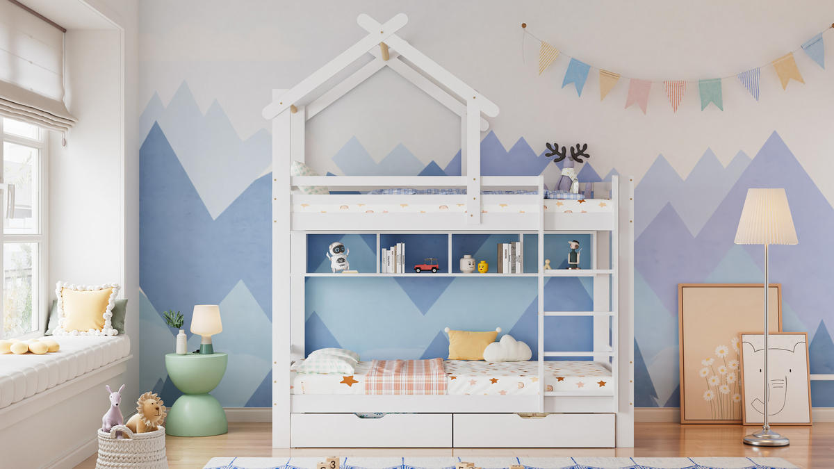 ETAGENBETT 90x200 cm Haus Treppe weiß - Weiß, Holz (90/200cm) - LEBENLANG